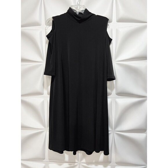 Clara Sun Woo Sz XS Black Mock Neck Cold Shoulder Slinky A Line Shift Dress USA - Picture 3 of 8